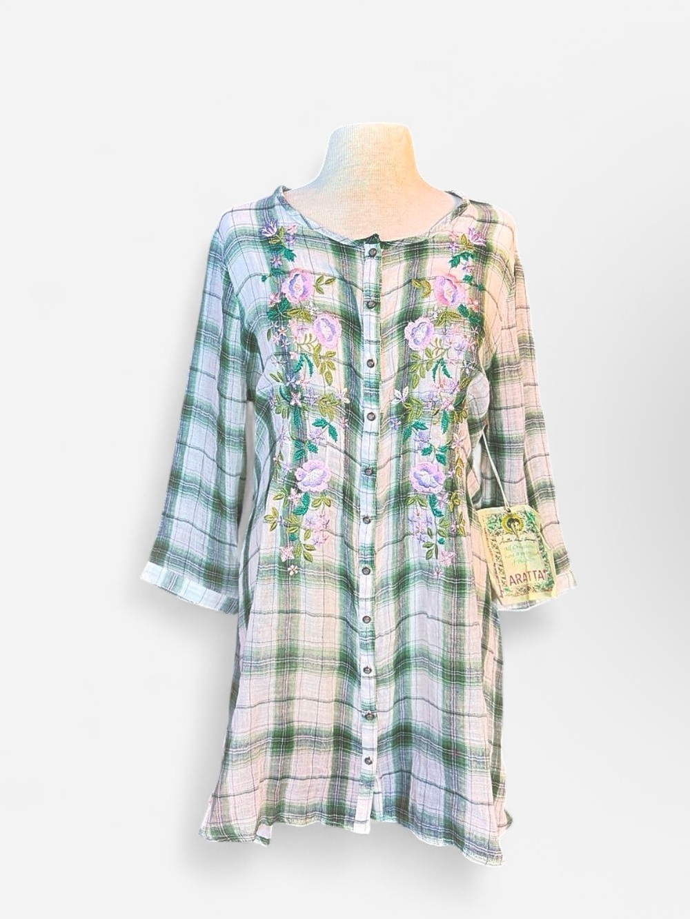 Aratta Summer Breeze Embroidered Green Plaid Tunic Dress, #fall #cottagecore